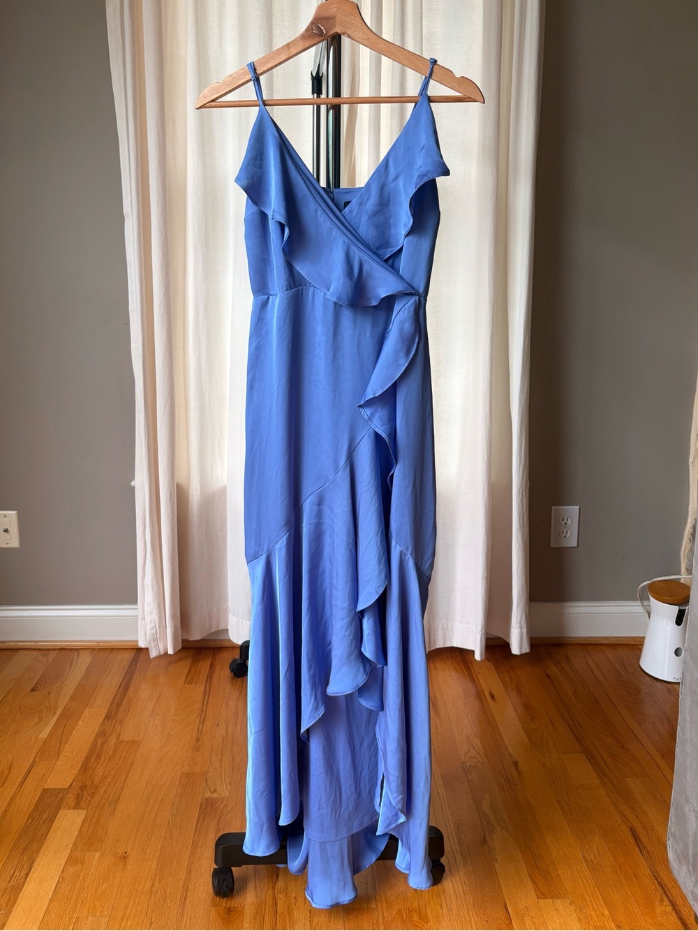 Express Satin Periwinkle Ruffle Wrap Maxi Dress
